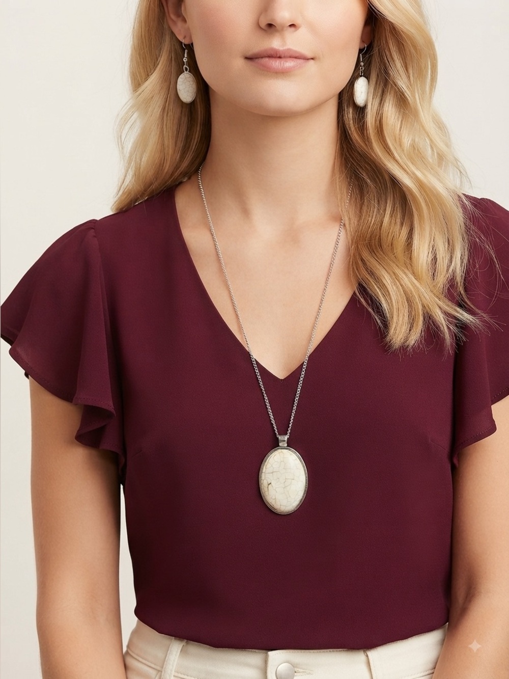 White Crackle Stone Necklace Set | Oval Pendant & Dangle Earrings